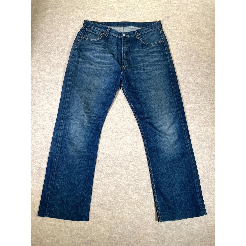 Levis 501 Original Fit Jeans Men 36x34 Blue Cotton Logo Mid Rise Whiskered Denim